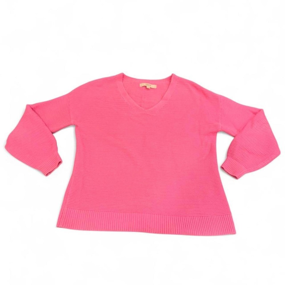 LOFT Womens Pink V-Neck Textured Knit Sweater Long Sleeve Ribbed Trim XS